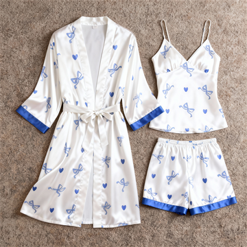 Elegant Satin 3-Piece Loungewear Set with Bowknot Design