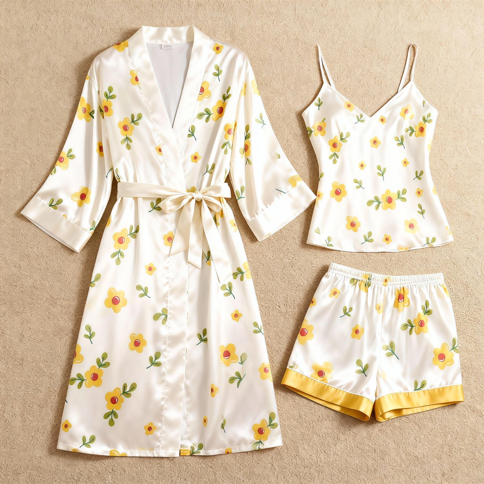 Tiny Yellow Floral Design Elegance 3-Piece Satin Lounge Set for Women