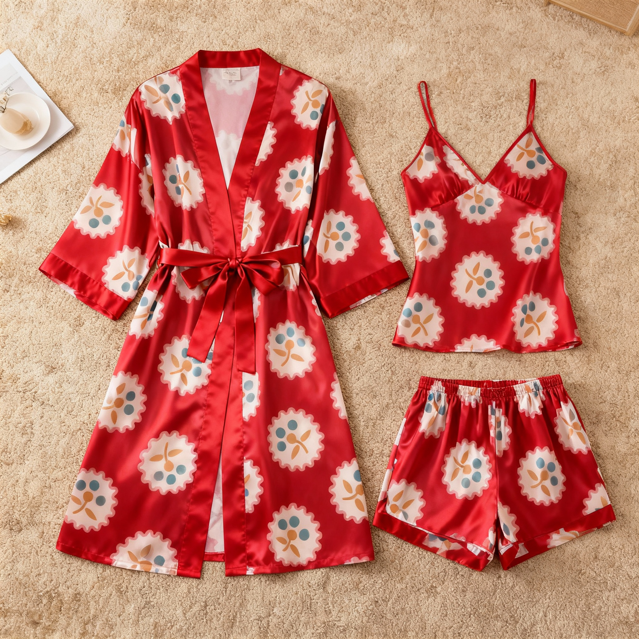 Elegant Satin Red Loungewear Trio in Romantic Style