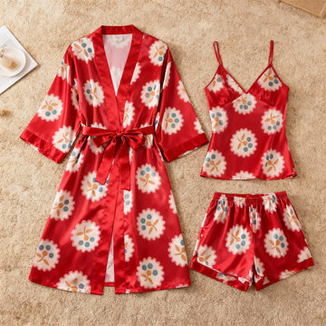 Elegant Satin Red Loungewear Trio in Romantic Style