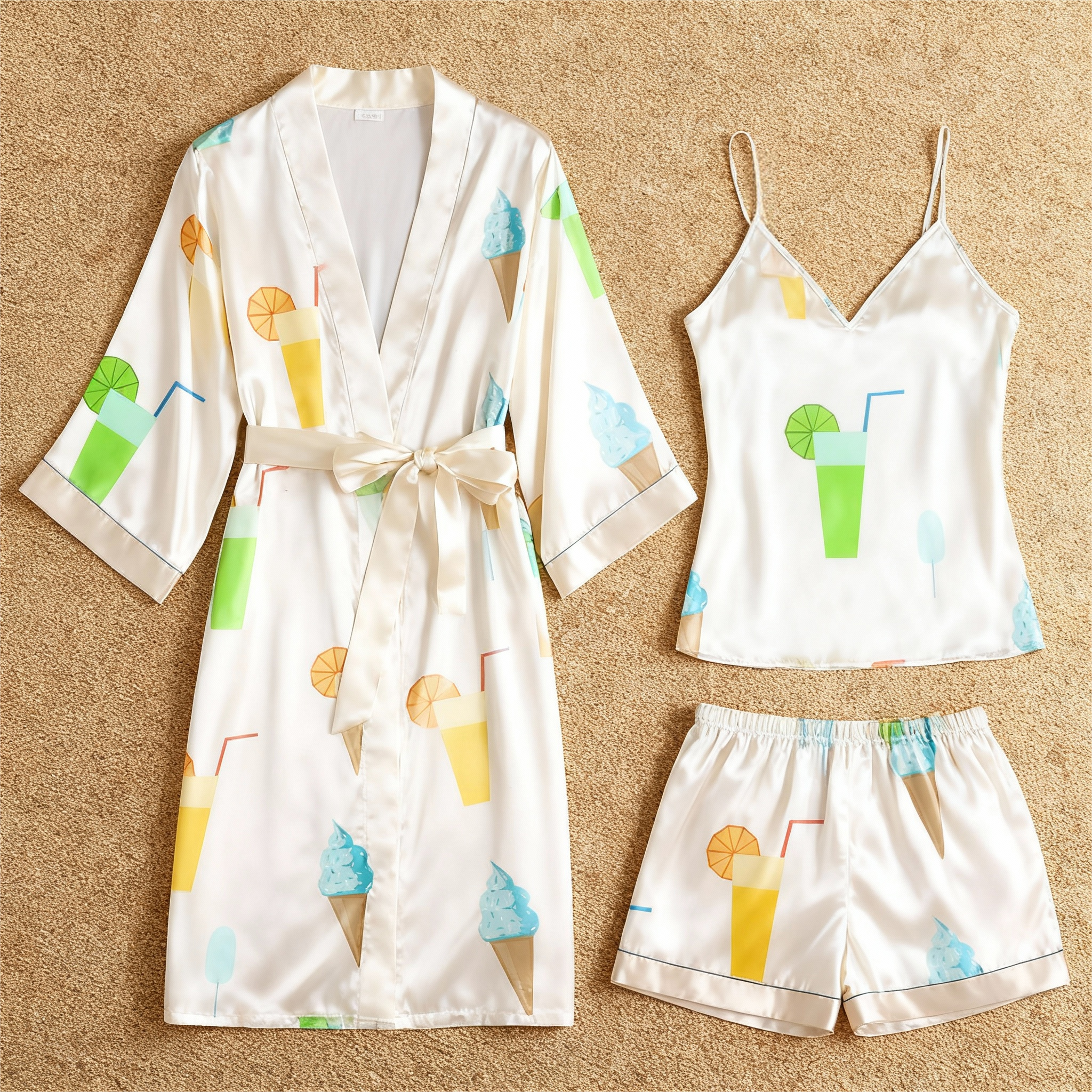 Elegant Satin 3-Piece Loungewear Set with Summer Drinks Design