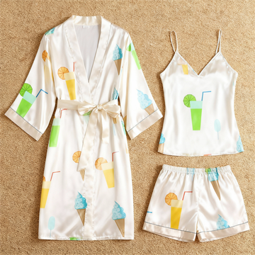 Elegant Satin 3-Piece Loungewear Set with Summer Drinks Design