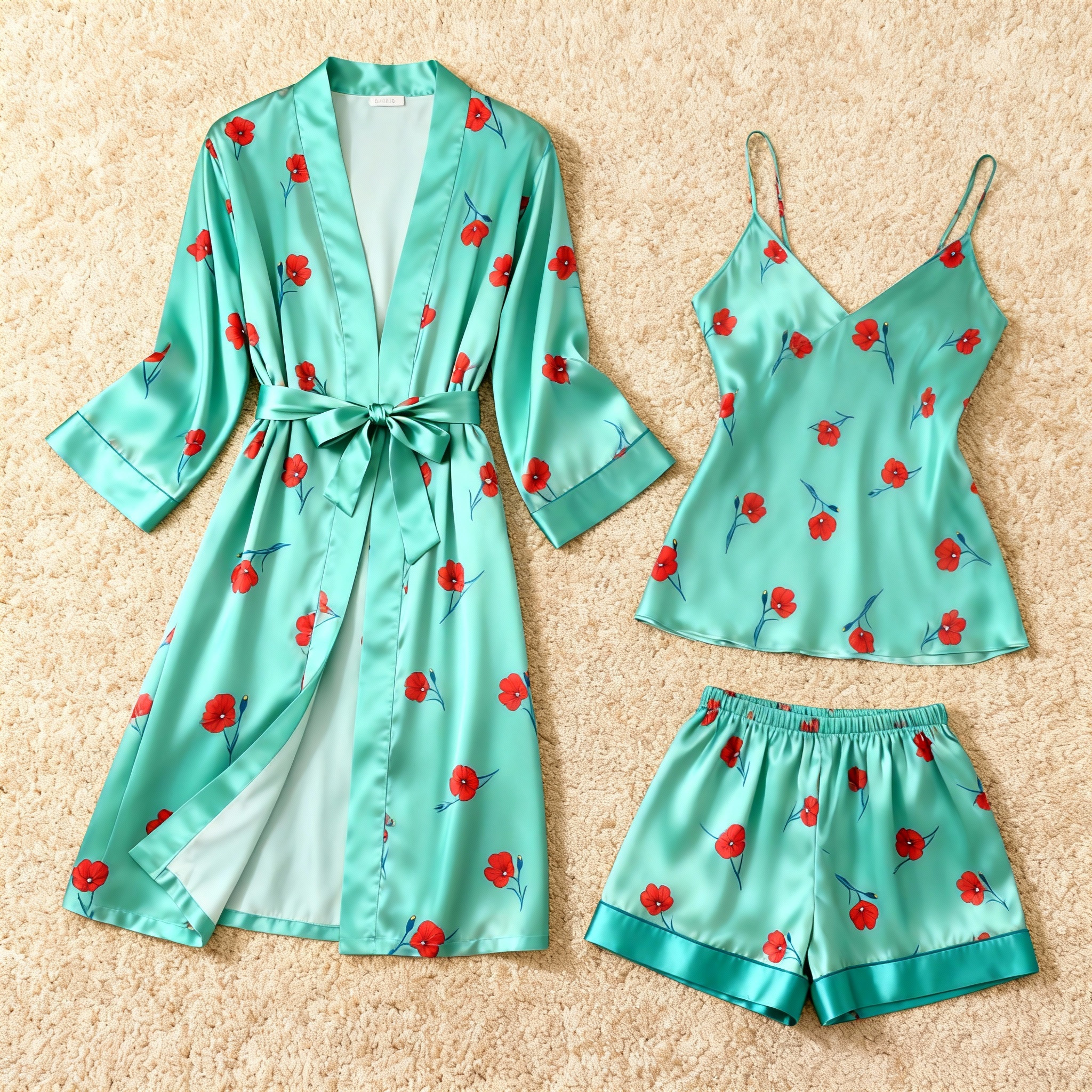 Tiny Red Floral Design Elegance 3-Piece Satin Lounge Set for Women