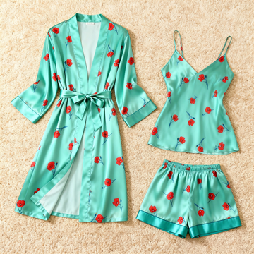 Tiny Red Floral Design Elegance 3-Piece Satin Lounge Set for Women
