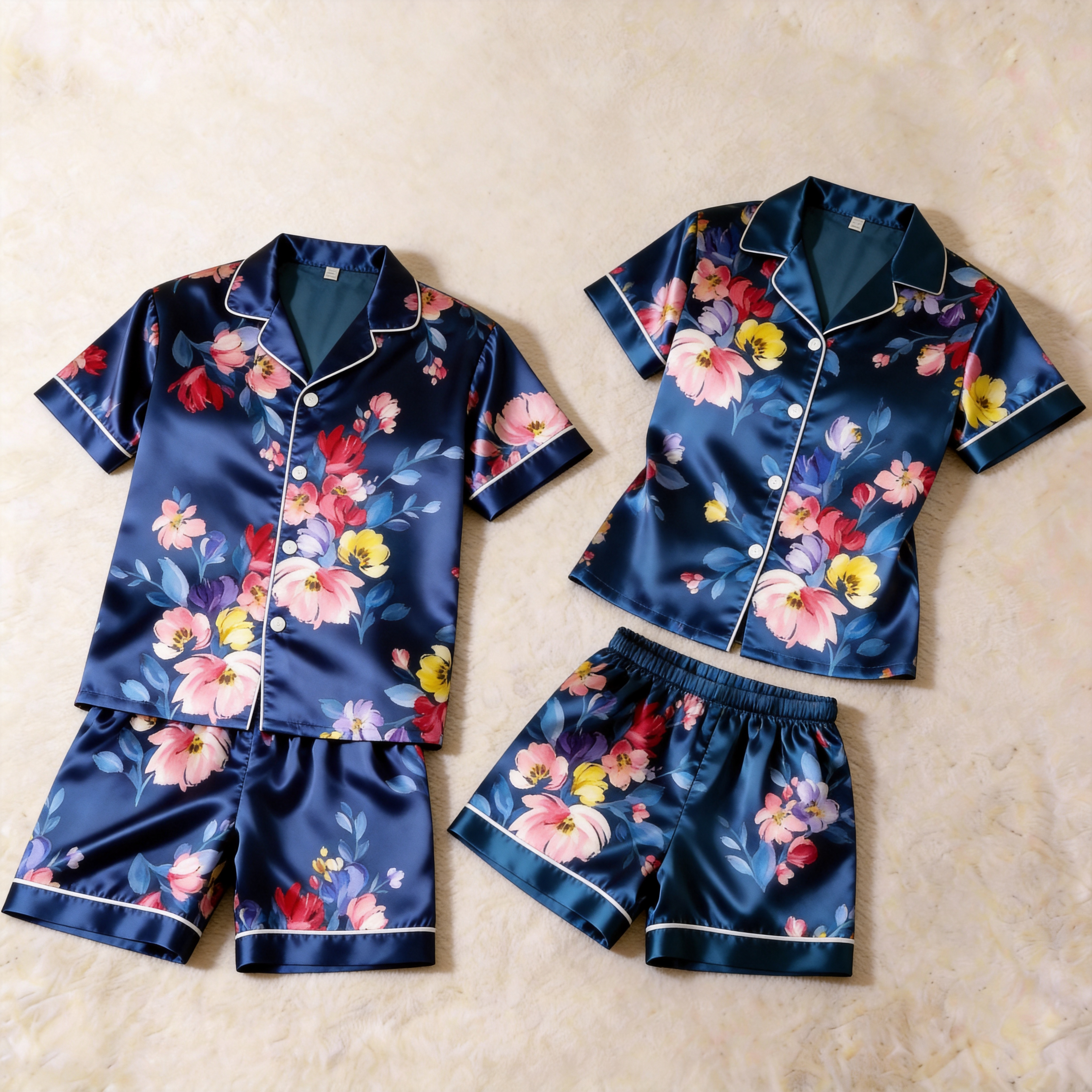 Silky Satin Floral Print Pajama Set – Romantic Summer Couple Sleepwear