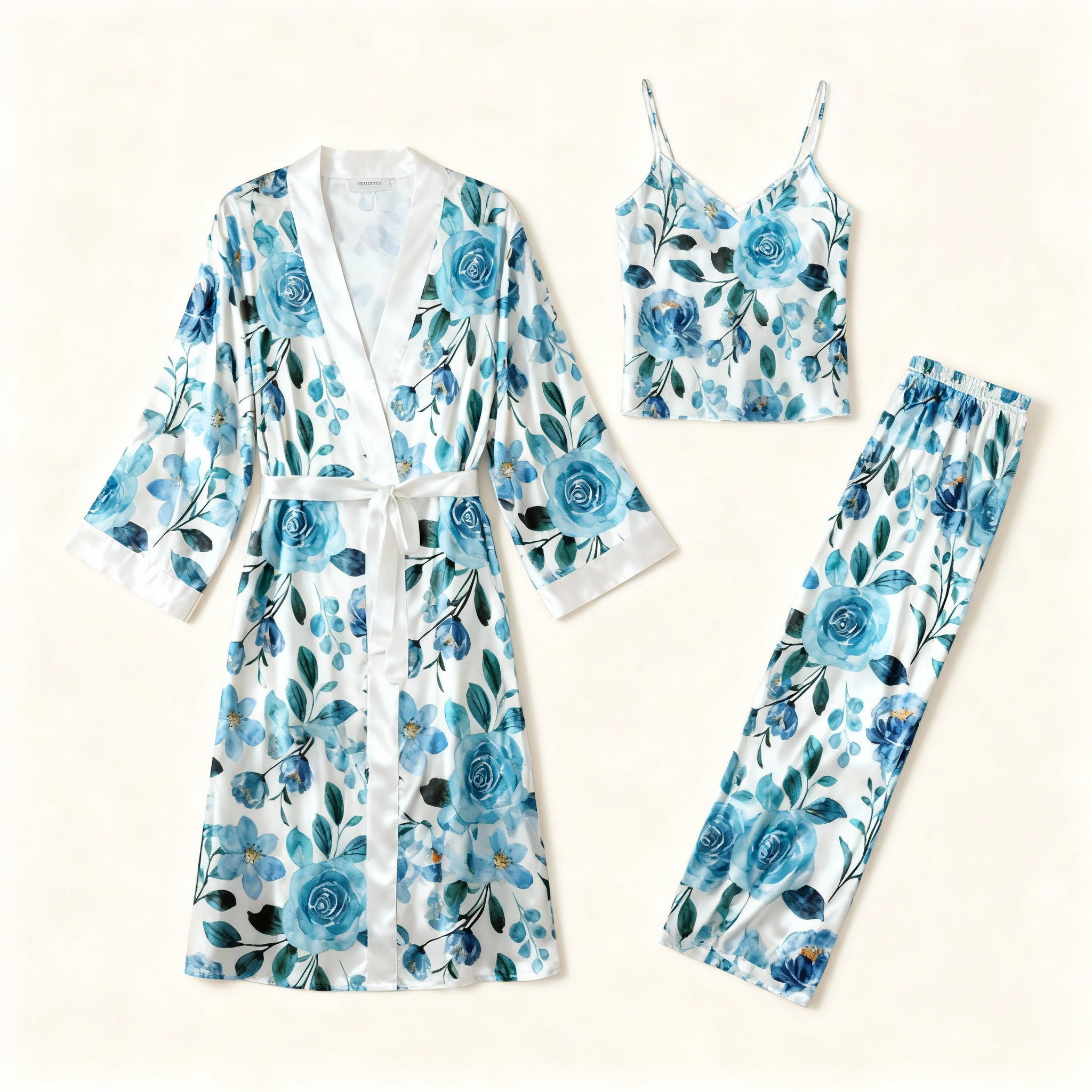 Women's 3-Piece Watercolor & Blue Floral Satin Lounge Outfit