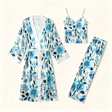 Women's 3-Piece Watercolor & Blue Floral Satin Lounge Outfit