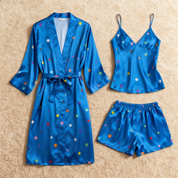Elegant Satin Blue Loungewear Trio with Colorful Polka Dots