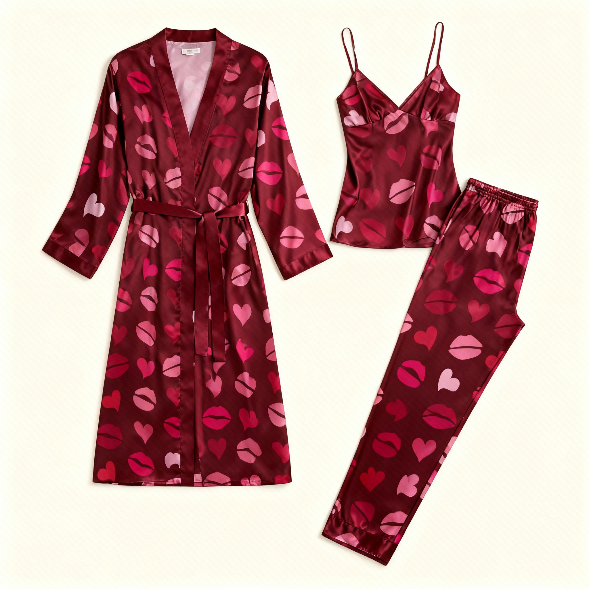 Women's 3-Piece Romantic Heart Satin Lounge Outfit