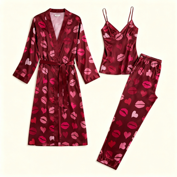 Women's 3-Piece Romantic Heart Satin Lounge Outfit