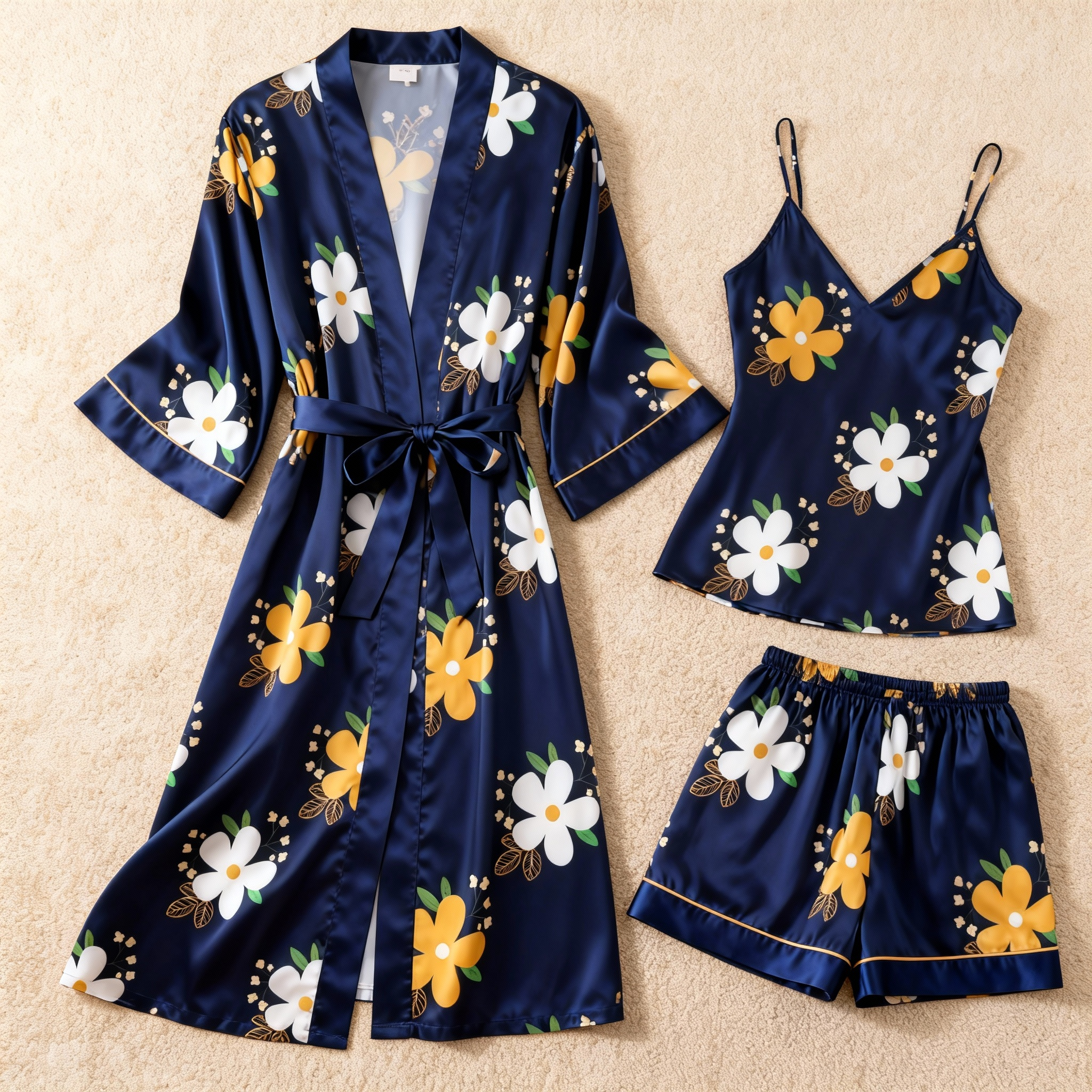 Floral Design Elegance 3-Piece Navy Satin Lounge Set for Women