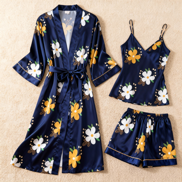 Floral Design Elegance 3-Piece Navy Satin Lounge Set for Women