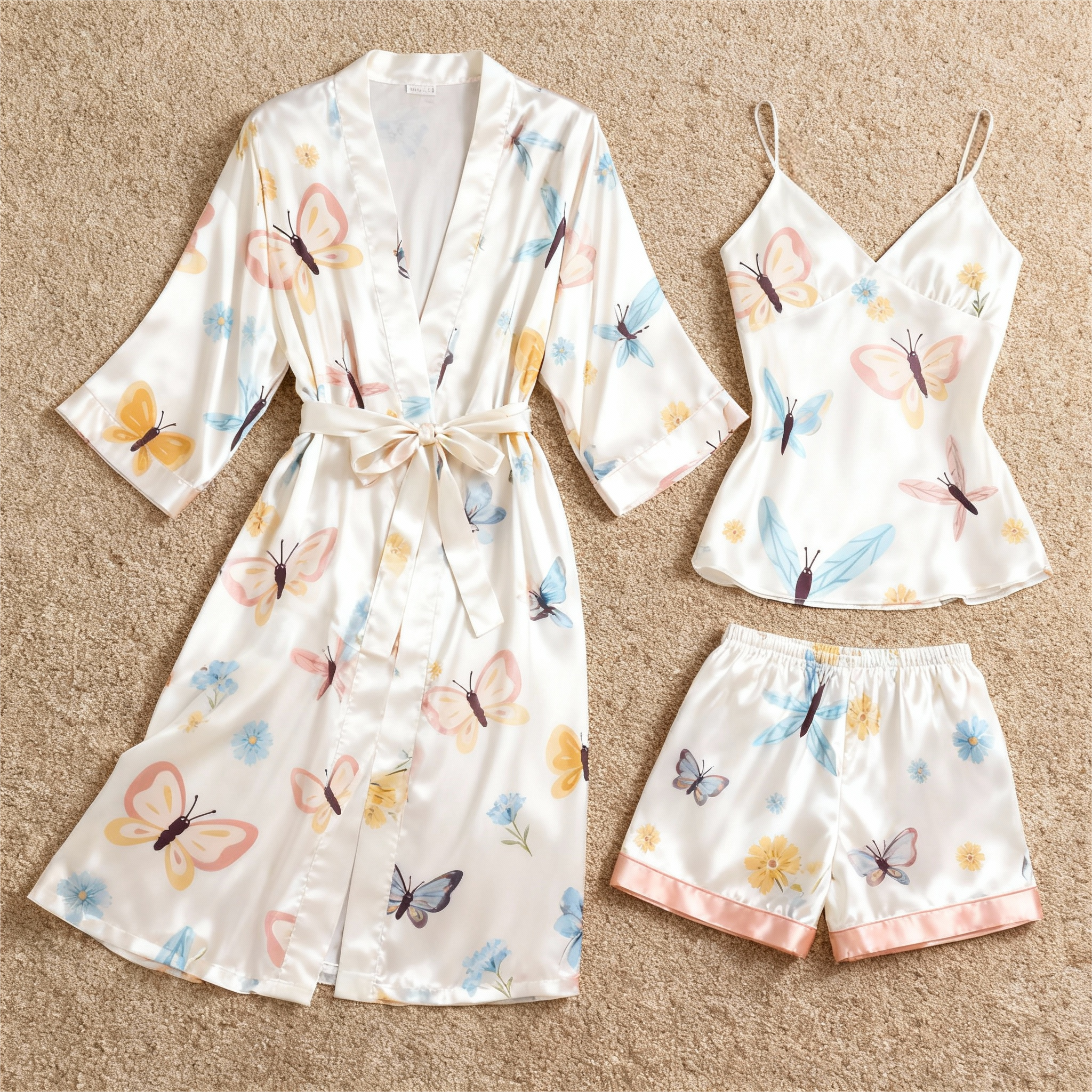 Elegant Satin 3-Piece Loungewear Set with Butterfly Design