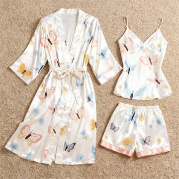 Elegant Satin 3-Piece Loungewear Set with Butterfly Design