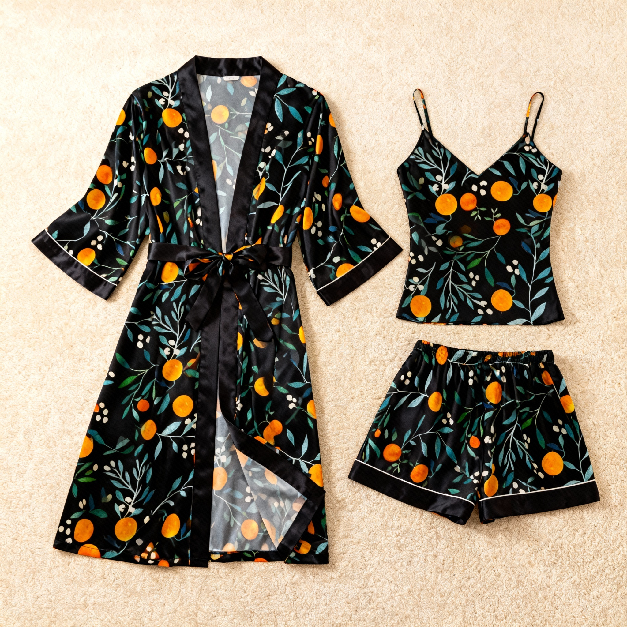 Botanical Leaves with Berry Design Elegance 3-Piece Satin Lounge Set for Women