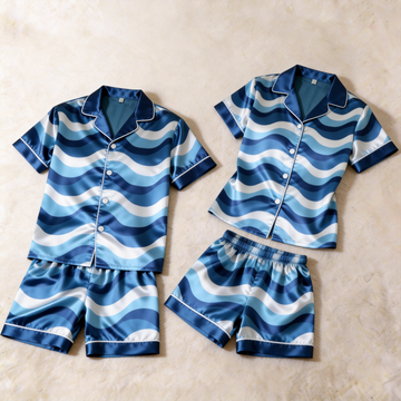 Classic Satin Wave Print Pajama Set – Silky Couple Sleepwear