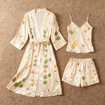 Elegant Satin 3-Piece Loungewear Set with Botanical Design
