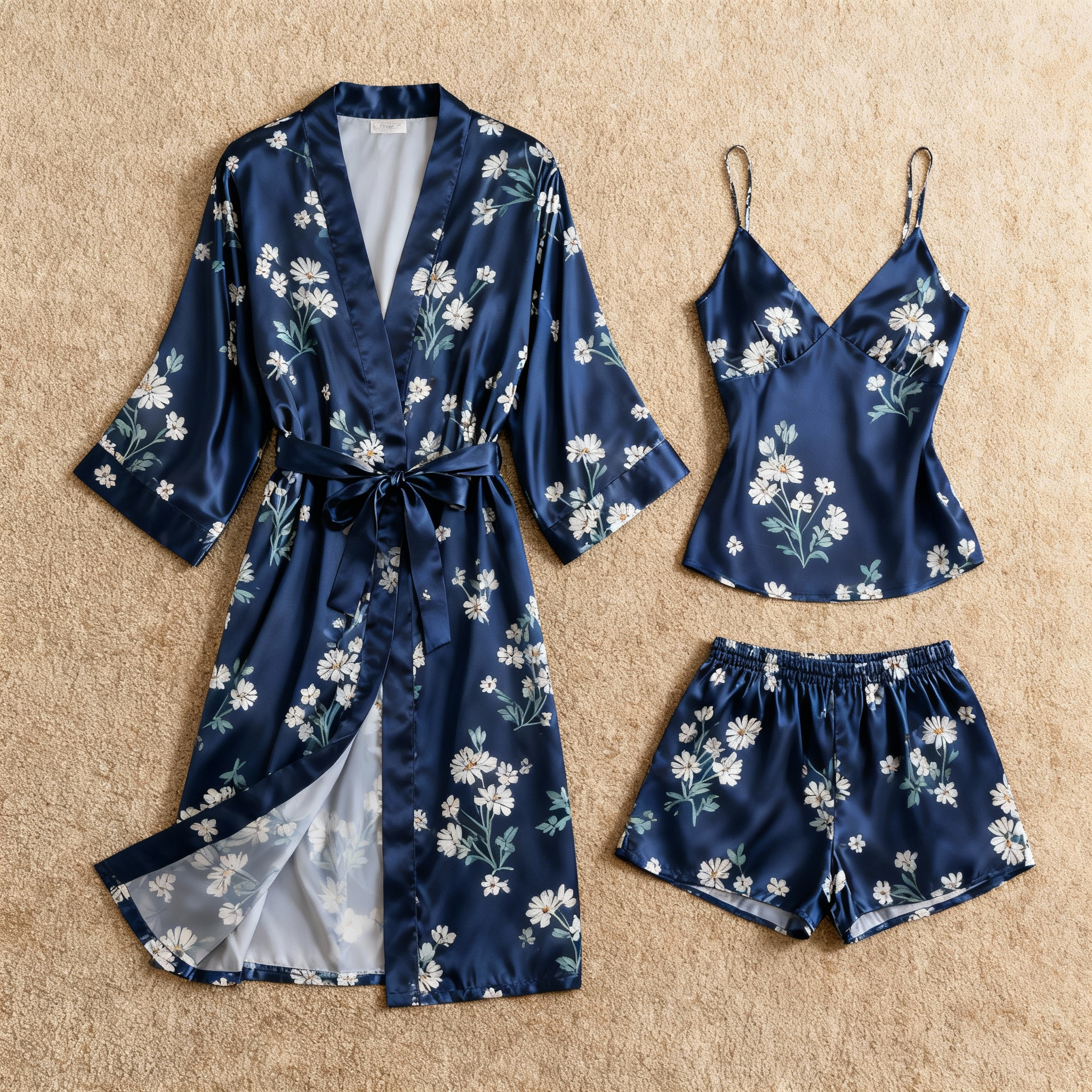 Elegant Satin Navy Loungewear Trio with Daisy Floral