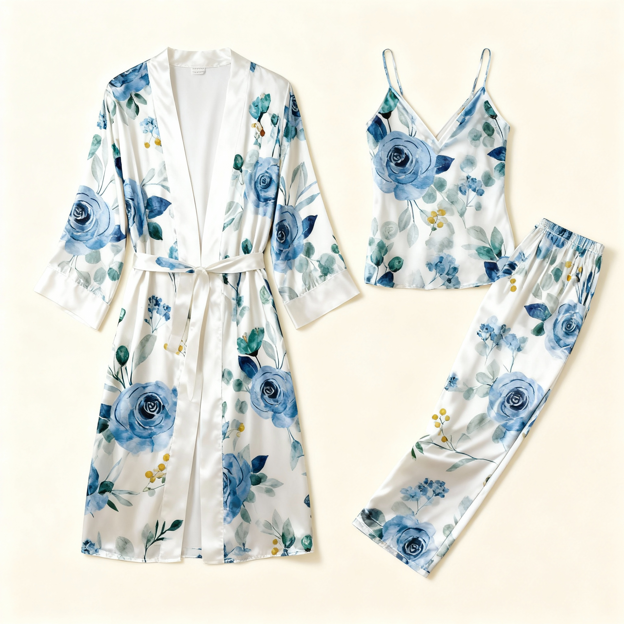 Women's 3-Piece Soft Watercolor Floral Satin Lounge Outfit