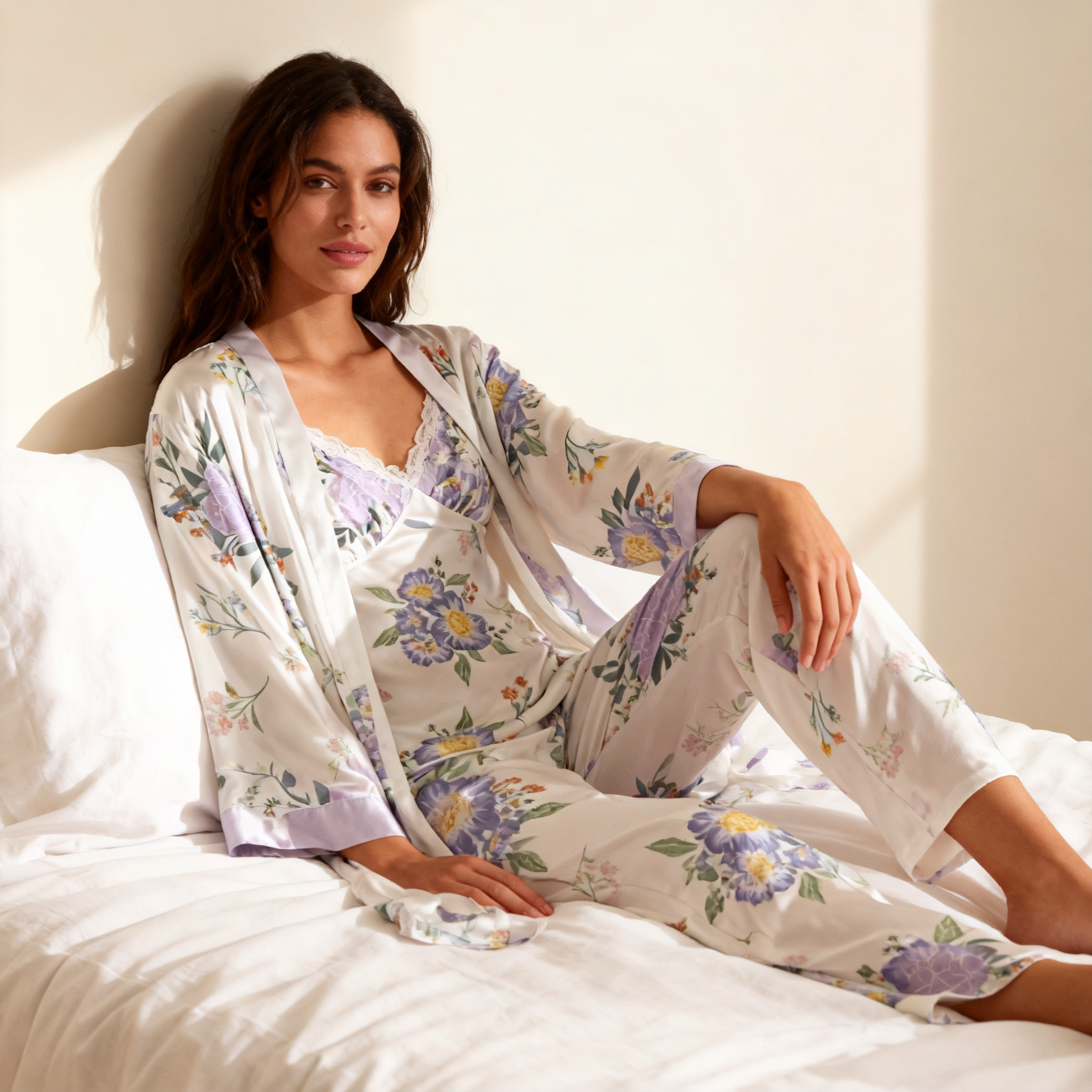 Women's 3-Piece Elegant Floral Satin Lounge Outfit
