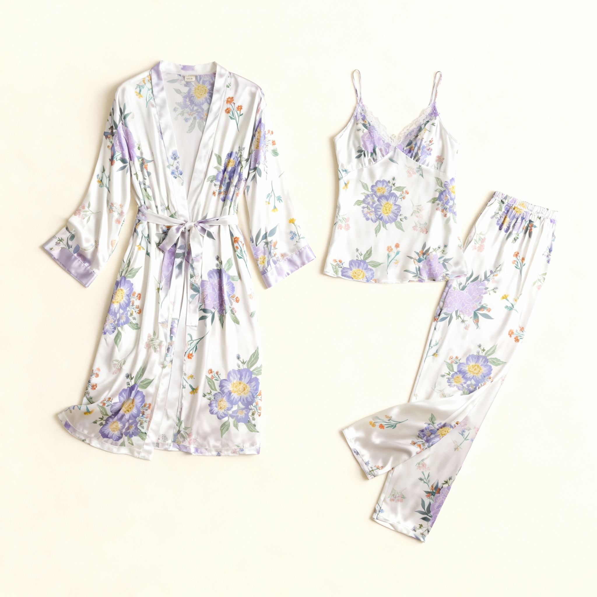 Women's 3-Piece Elegant Floral Satin Lounge Outfit