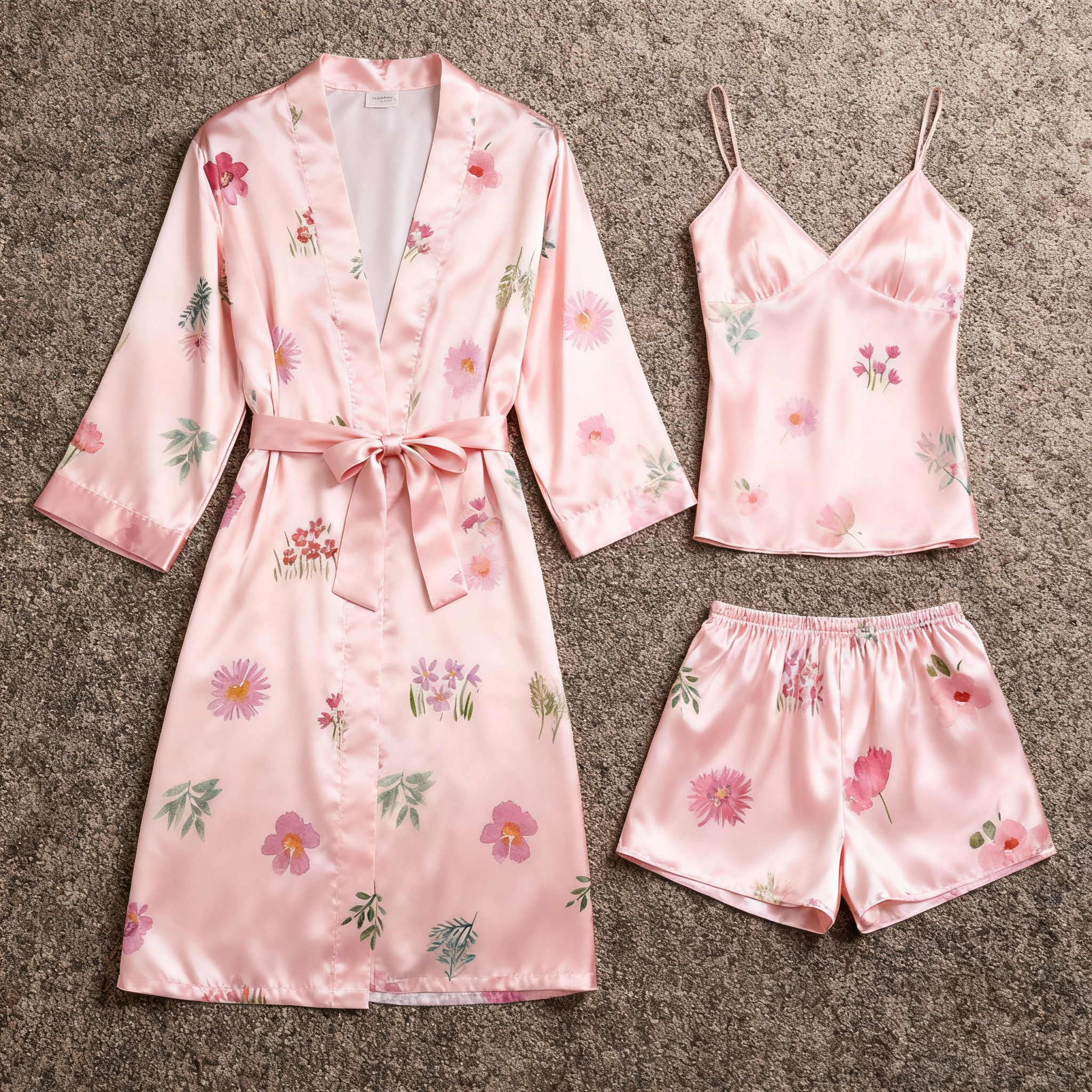 Elegant Satin Loungewear Trio in Dreamy Pink Style