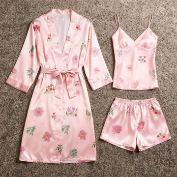 Elegant Satin Loungewear Trio in Dreamy Pink Style