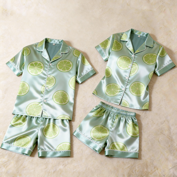 Silky Satin Green Tangerine Print Pajama Set – Fresh Couple Sleepwear