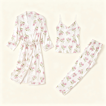 Women's 3-Piece Cute Floral Satin Lounge Outfit