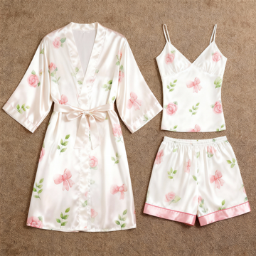 Elegant Satin 3-Piece Loungewear Set with Pink Bowknot Design