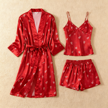 Elegant Satin Loungewear Trio in Midnight Romantic Style