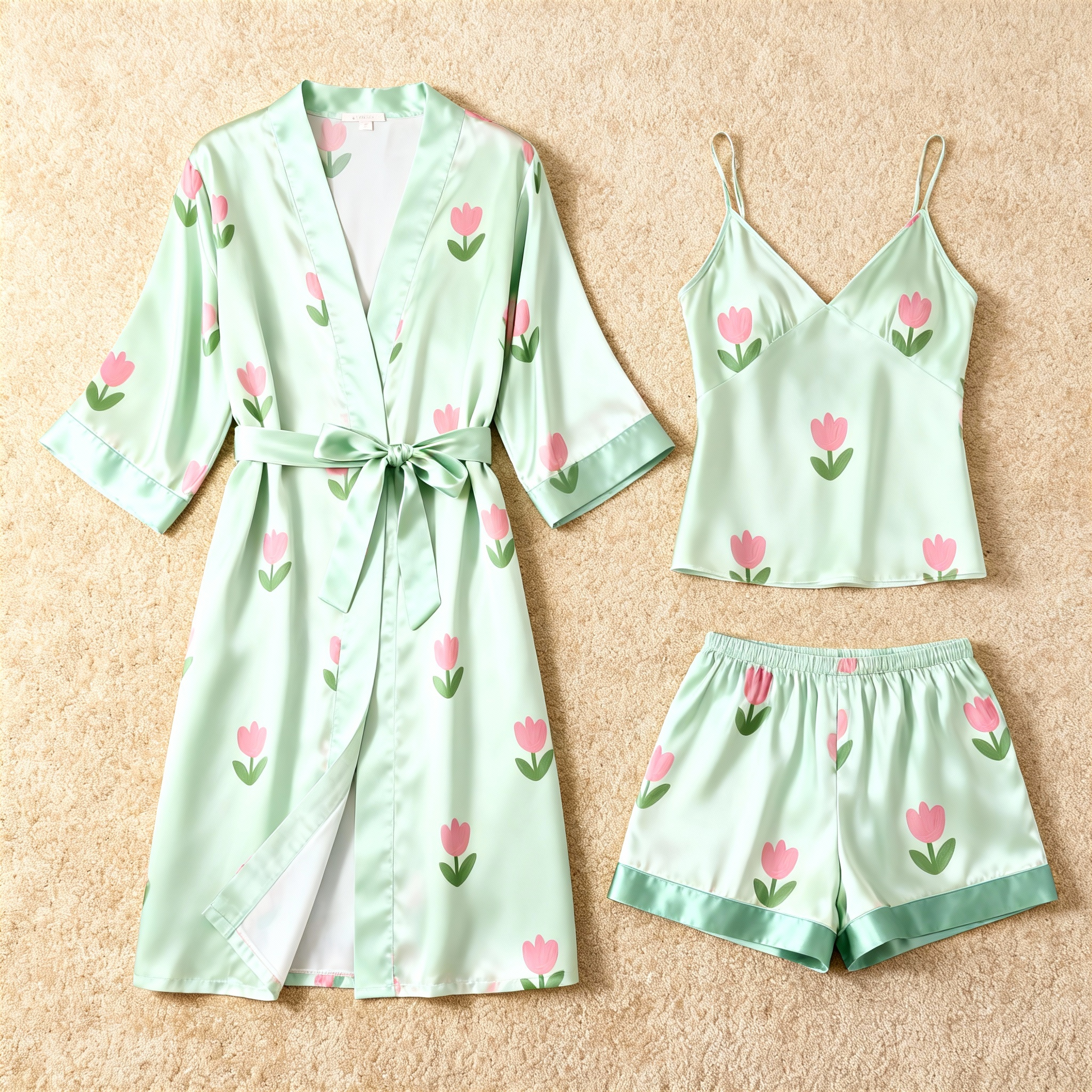 Light Green Design Elegance 3-Piece Satin Lounge Set for Women