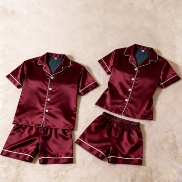 Classic Deep Red Satin Pajama Set – Silky Couple Sleepwear