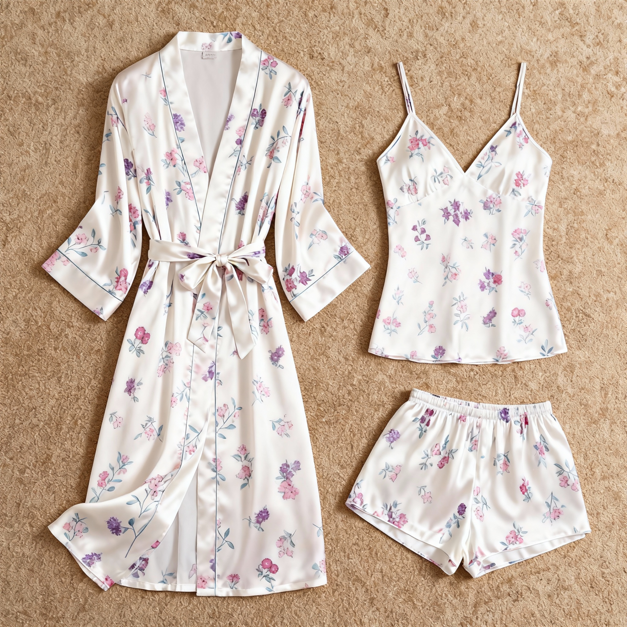 Elegant Satin Loungewear Trio with Soft Florals Print