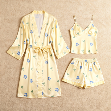 Light Yellow Design Elegance 3-Piece Satin Lounge Set for Women