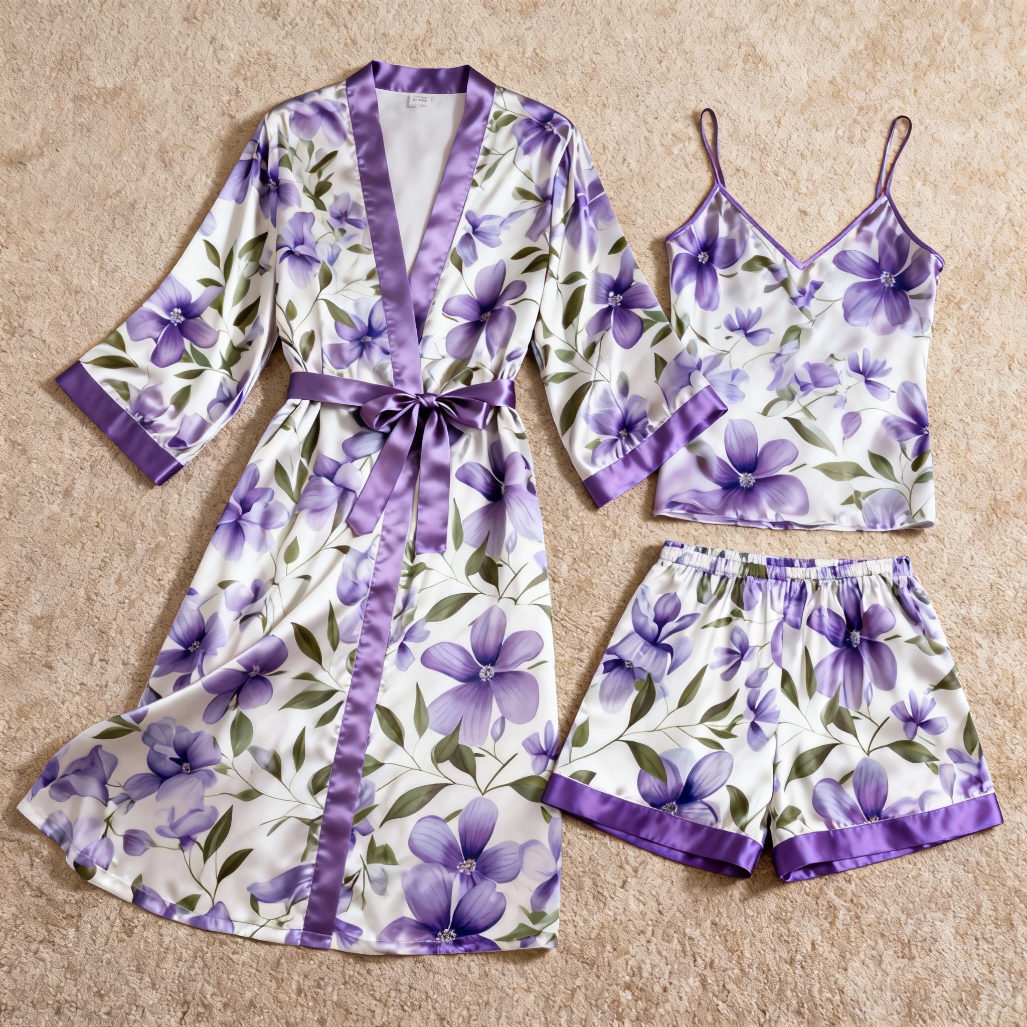 Elegant Satin 3-Piece Loungewear Set with Purple Floral Design