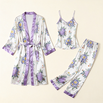 Women's Satin 3-Piece Loungewear Set in Purple Florals Style