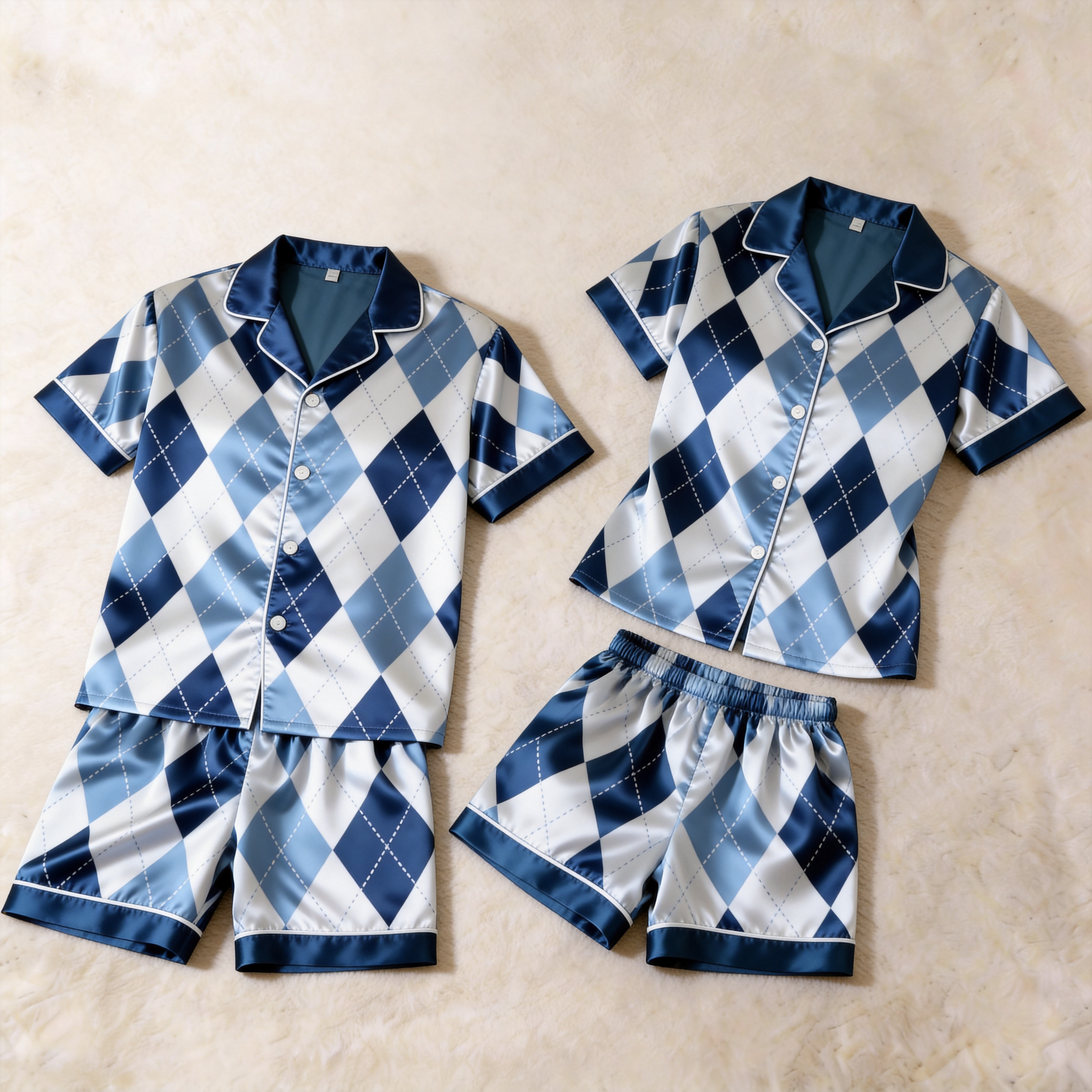 Silky Satin Blue Plaid Print Pajama Set – Classic Couple Sleepwear