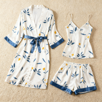 Soft Botanical Design Elegance 3-Piece Satin Lounge Set for Women