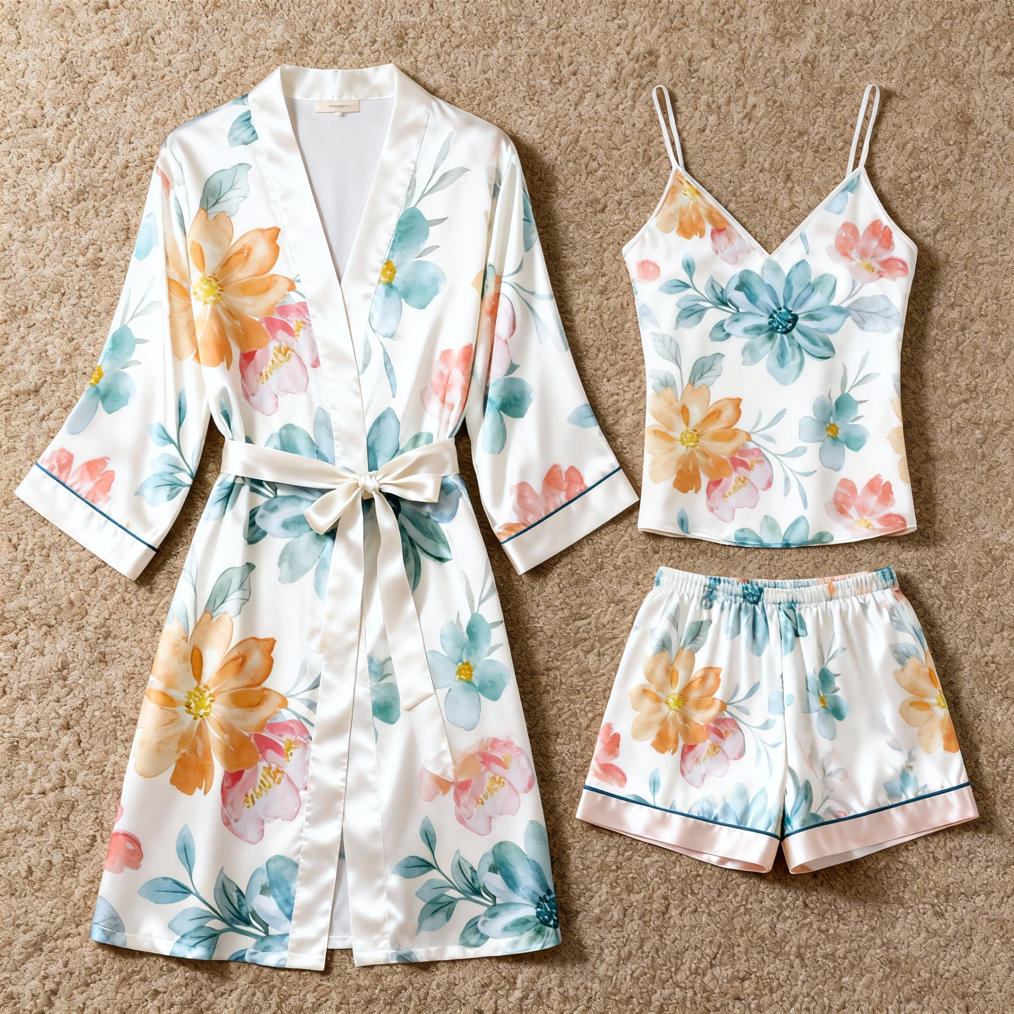 Elegant Satin 3-Piece Loungewear Set with Colorful Soft Floral Design