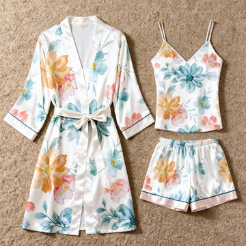 Elegant Satin 3-Piece Loungewear Set with Colorful Soft Floral Design