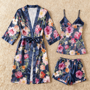 Elegant Satin Loungewear Trio with Vintage Florals Print