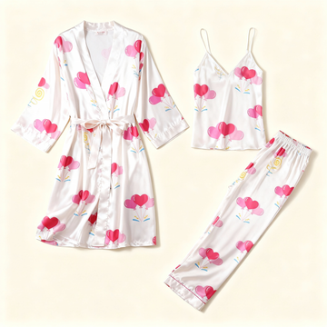 Women's 3-Piece Pastel Heart Balloon Satin Lounge Outfit