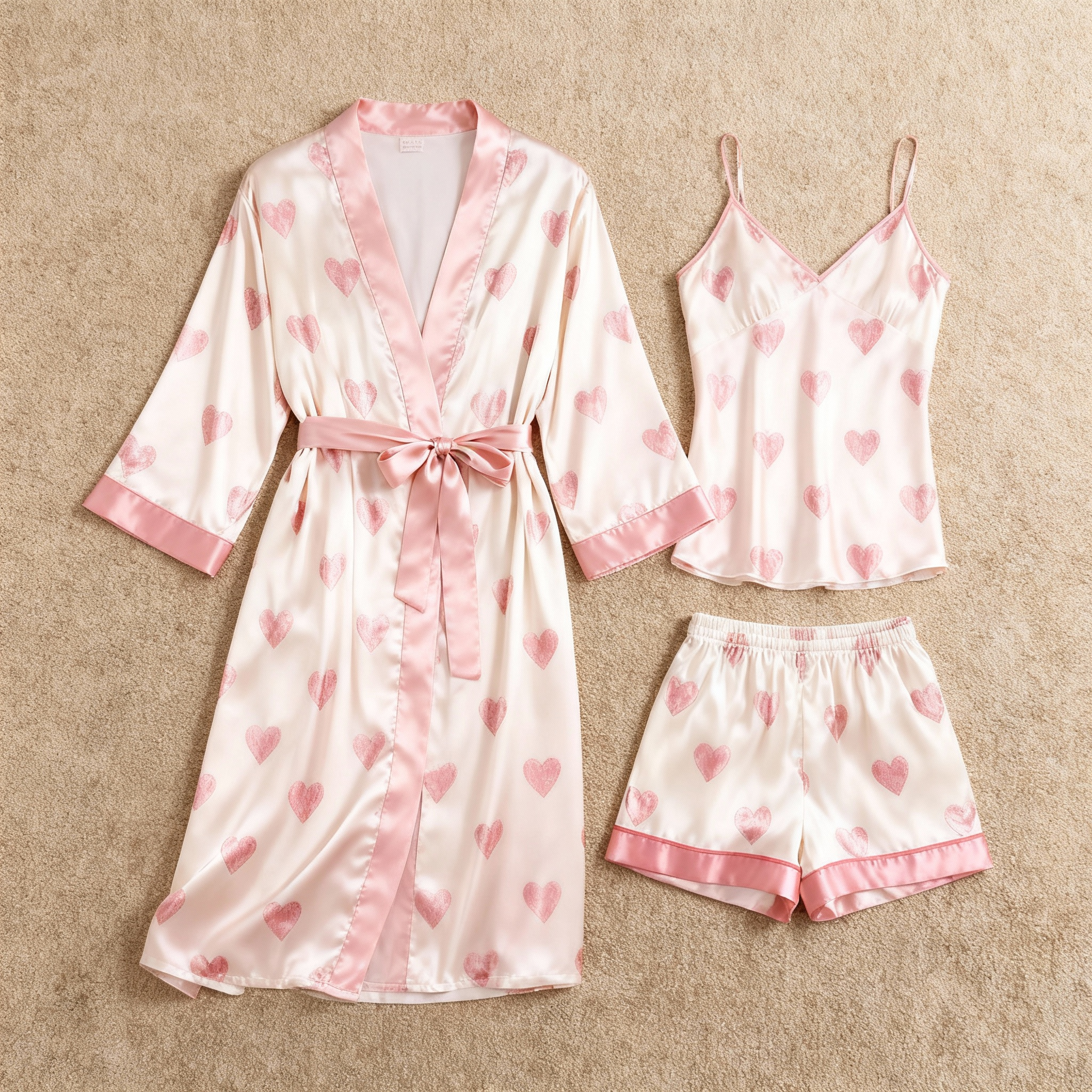 Elegant Satin 3-Piece Pink Loungewear Set with Heart Design