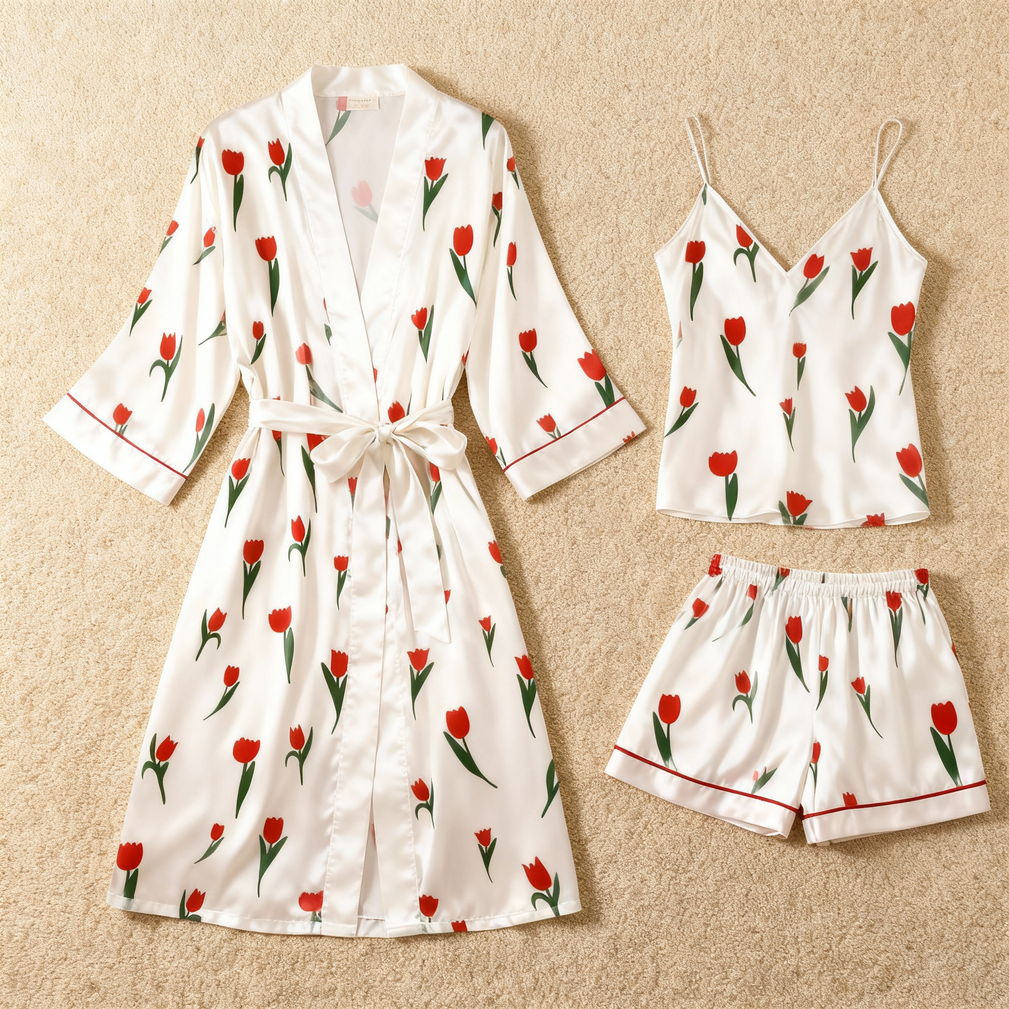 Simple Floral Design Elegance 3-Piece Satin Lounge Set for Women