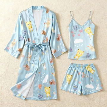 Elegant Satin Loungewear Trio with Adorable Animal Motifs
