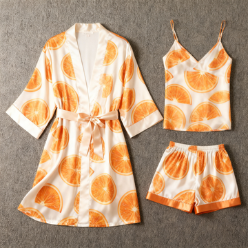 Elegant Satin 3-Piece Loungewear Set with Juicy Fruit Design
