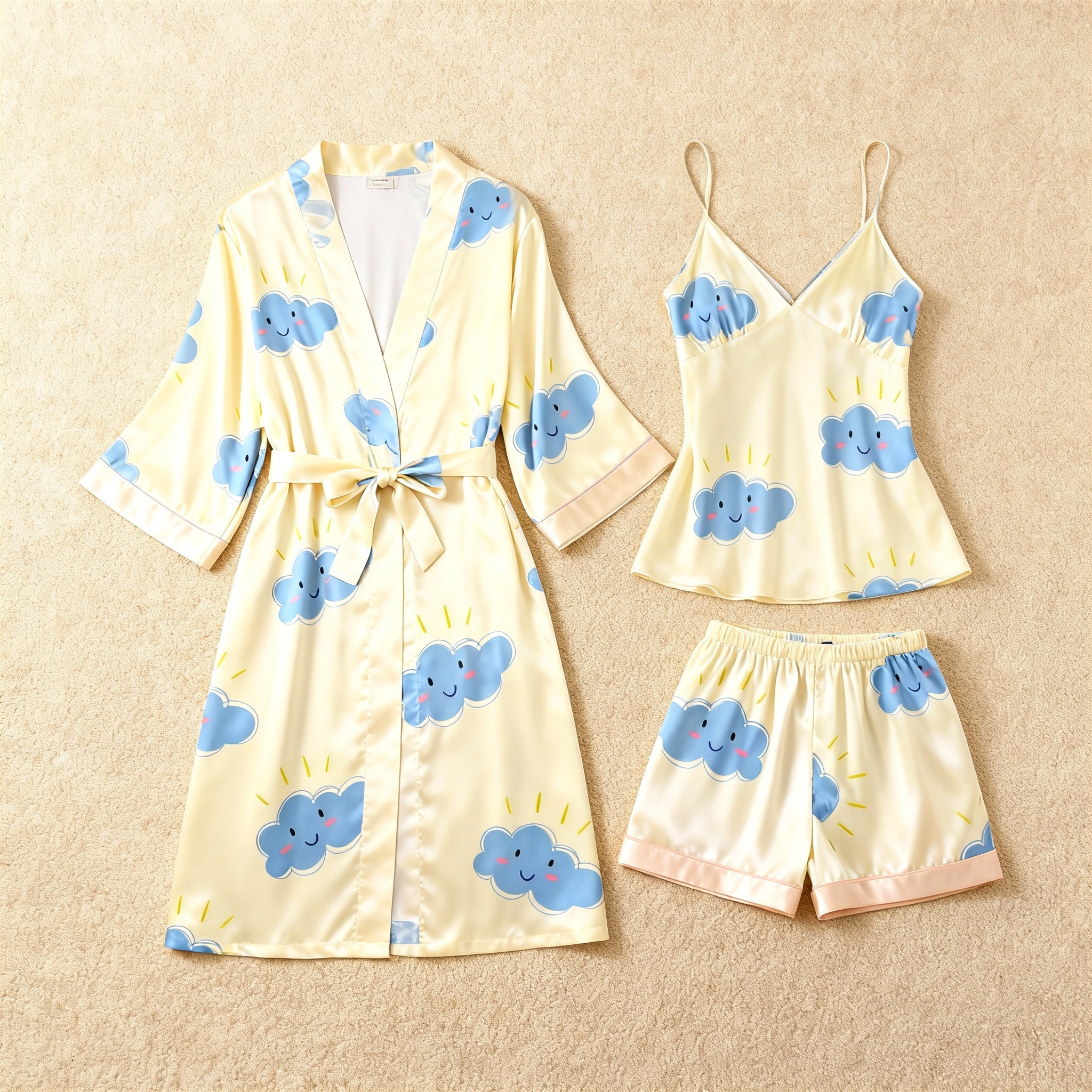 Playful Cloud Design Elegance 3-Piece Satin Lounge Set for Women