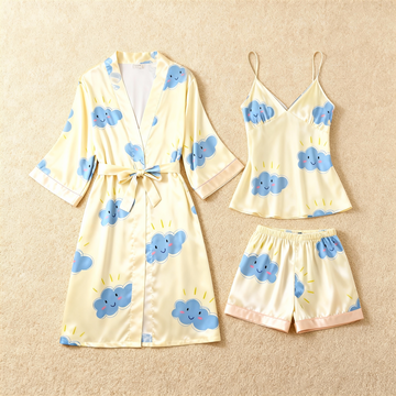 Playful Cloud Design Elegance 3-Piece Satin Lounge Set for Women