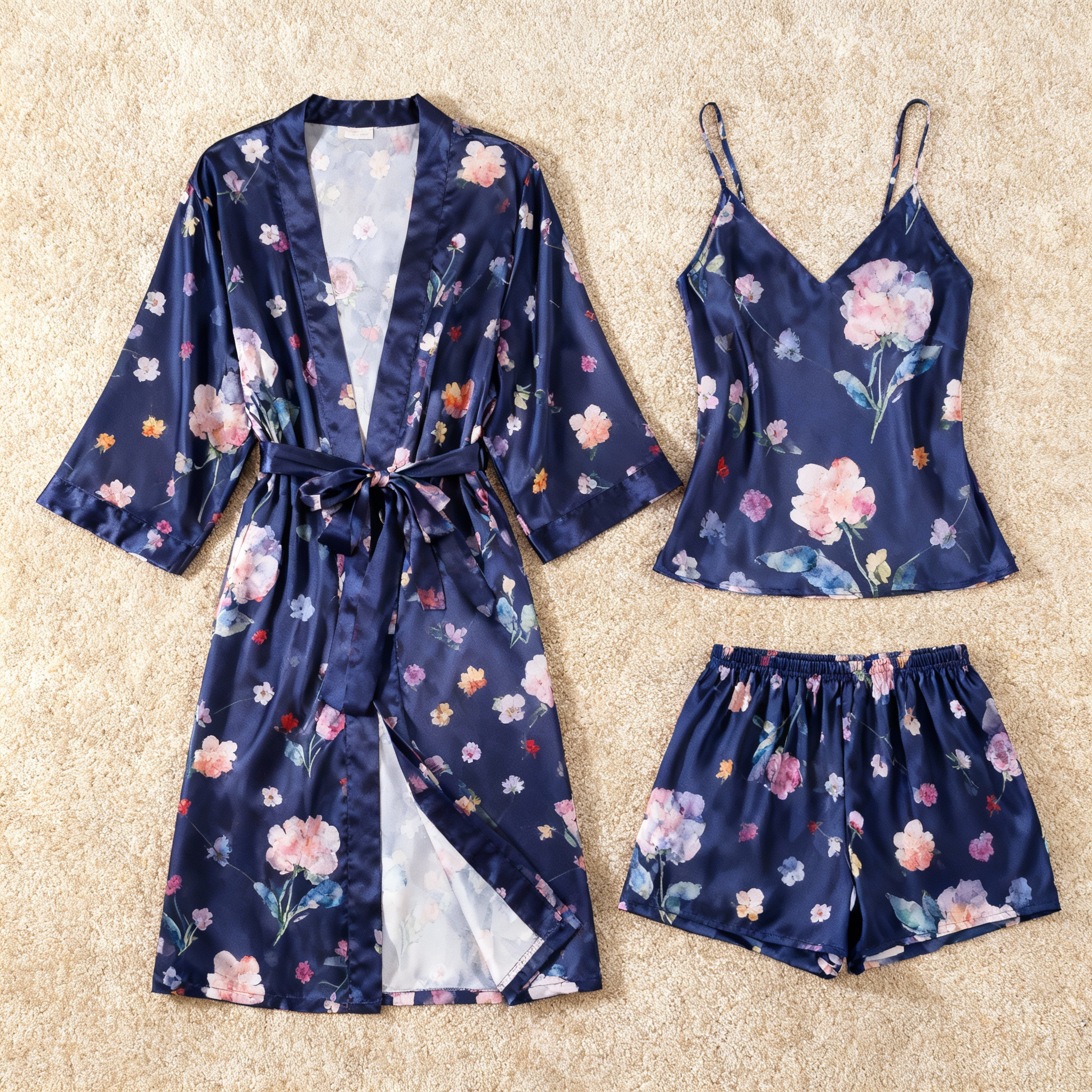 Elegant Satin Loungewear Trio with Watercolor Floral Motifs